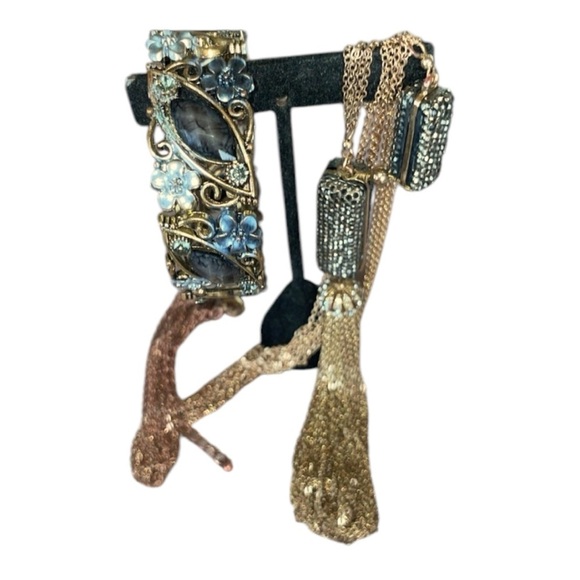 Hematite Encrusted Long Tassel Necklace with Cuff Bracelet Elegant Silver Gold - Picture 13 of 15